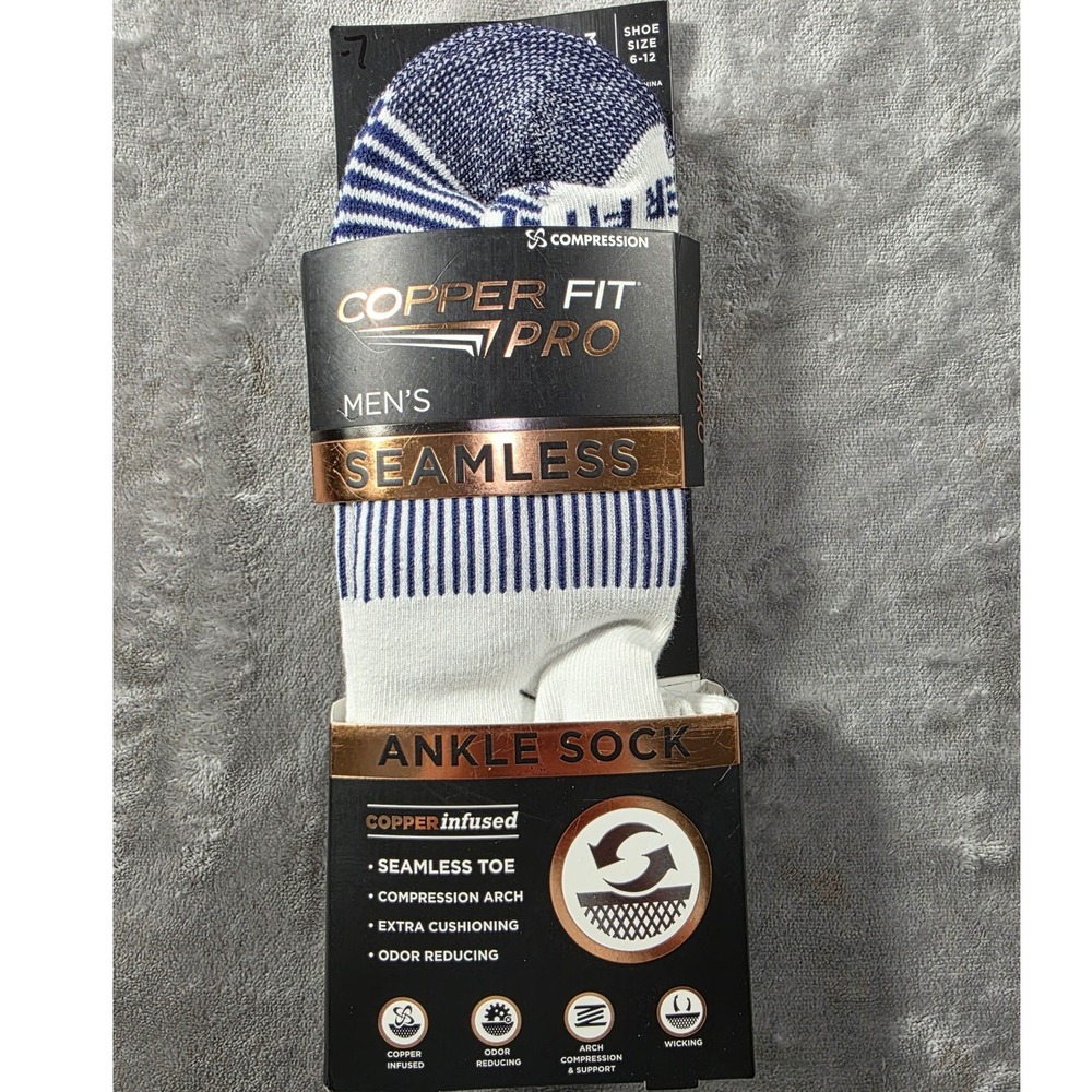 Copper Fit Infused Compression Pro Ankle Socks Men Size 6-12 White Blue 3 Pair